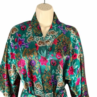 Vintage California Dynasty Robe Womens Medium Emerald Green Satin Floral USA - Image 1 of 4