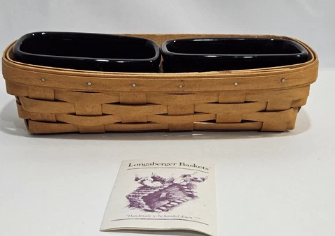 Longaberger Cracker Basket & 2 Black Woven Traditions Condiment Dishes, Liners Cover
