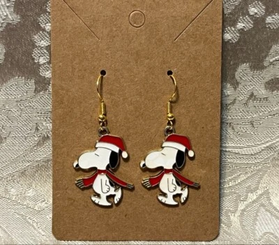 Snoopy Christmas Holiday Gold Loop Enamel Drop Dangle Adorable Earring Set - Image 1 of 2