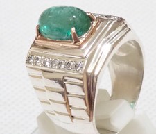  Genuine Zambia Emerald Cabochon Men's Ring 950 Sterling Silve #DIA1