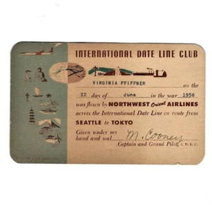 INTERNATIONAL DATE LINE CLUB Northwest Orient Airlines SEA to HND June 22, 1958 - Picture 1 of 2
