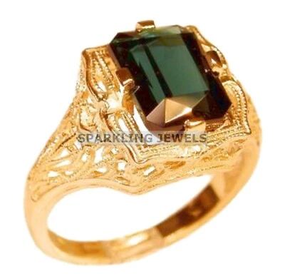 VVS Peridot Emerald Cut With 925 Silver Gold Plated Ring For Men #583 - Image 1 of 4