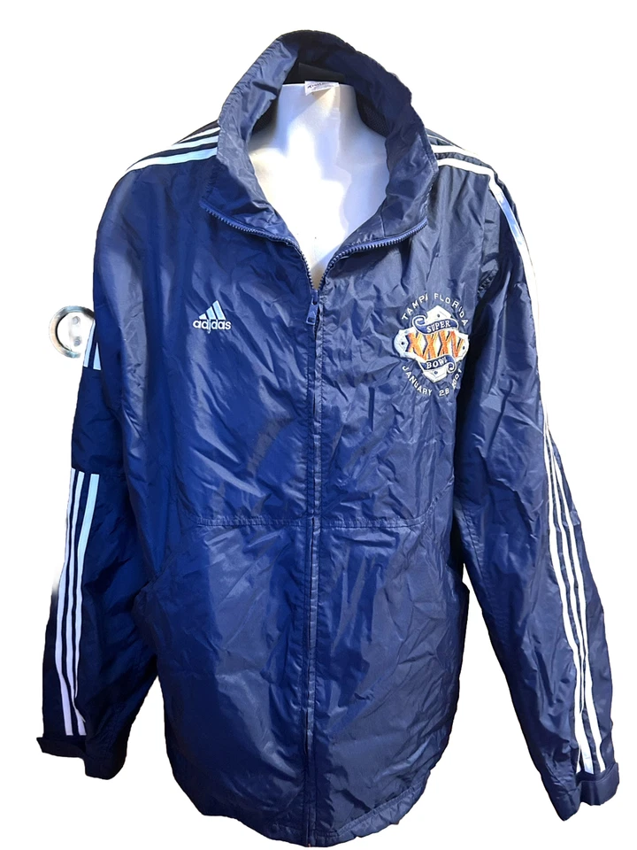Chaqueta cortavientos Z Adidas Tampa Florida Super Bowl XXXV 2001 cremallera completa 2XL XXL Foto 1 de 4