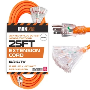 25 Foot Lighted Outdoor Extension Cord with 3 Electrical Power Outlets - 10/3 - Bild 1 von 6