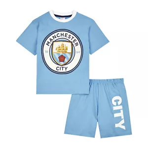 Manchester City F.C. Boys Pyjamas, Man City T-Shirt and Shorts PJs Set - Picture 1 of 6