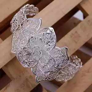 925 Sterling Silber große Blume offen Armreif Armband elegant einzigartig Armreif - Bild 1 von 24
