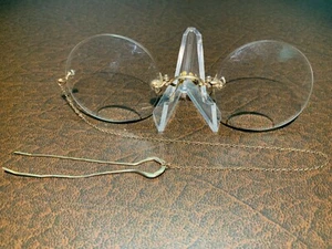 Antique Bifocal Eyeglasses, Spectacles, Pince-Nez, Gold Plated, Chain & Hair Pin - Picture 1 of 2
