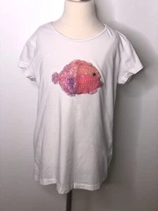 Zara Girls Sequin Embroidered Fish T Shirt Sz 11/12 White Pink - Picture 1 of 2