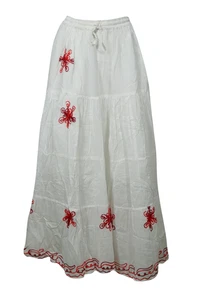 Boho Gypsy Hippy Cotton White Long Skirt Embroidered Summer Fashion Skirts M/L