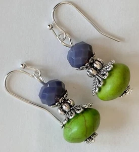 Etched Silver with Gray Crystal and Green Stone Bead Dangle Earrings. - Picture 1 of 4