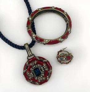 Lot Of Heidi Daus Newport Chic Red Enamel Pendant Cord Bracelet Earrings - Picture 1 of 14