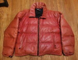 1990s POLO RALPH LAUREN Mens Large Red Leather Goose Down Puffer Jacket Rare