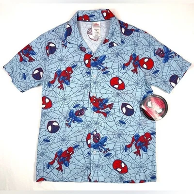 NWT MARVEL Boys Spiderman Button Front Camp Shirt L 12 Web Superhero Novelty NEW - Image 1 of 4