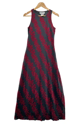 Vestido ajustado vintage Y2K años 90 talla M negro rojo flocado floral maxi caprichoso Foto 1 de 4