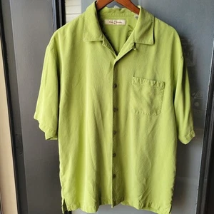 Tommy Bahama Mens 100% Silk light green palm SS Button Down Hawaiian Shirt Large - Picture 1 of 13
