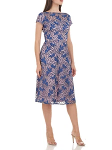 JS Collections Sz 12 Womens Robin Flounce Dress Leaf Emb Amethyst/Navy Midi $295 - Picture 1 of 4