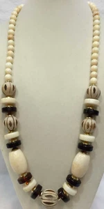 Necklace Acrylic Amber & Ivory Colored Marbled Beads Wood Graduated Size 30"  - Picture 1 of 4