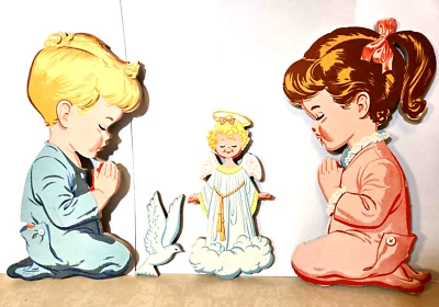 Винтажная детская комната мальчик и девочка ангел голубь молитва настенное искусство ретро 1950-х mcm - Изображение 1 из 4