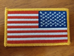 REVERSE USA AMERICAN FLAG EMBROIDERED PATCH IRON-ON SEW-ON GOLD BORDER(3¼ x 1⅞") - Picture 1 of 2