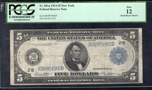 FR. 851a 1914 $5 FIVE DOLLARS FRN FEDERAL RESERVE NOTE NEW YORK, NY PCGS FINE-12 - Picture 1 of 2