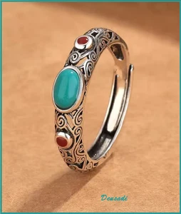 PRECIOSO ANILLO ESTILO ÉTNICO, VÉRSÁTIL,COLOR PLATEADO PIEDRA AZUL TURQUESA - Foto 1 di 4