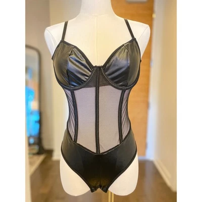 Body de malla transparente de cuero sintético estilo corsé sin espalda negro para mujer S Foto 1 de 4