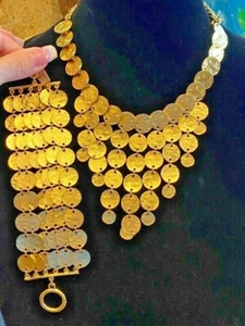 VINTAGE KENNETH JAY LANE GOLD PLATED DISC WATERFALL NECKLACE & BRACELET SET - Picture 1 of 6