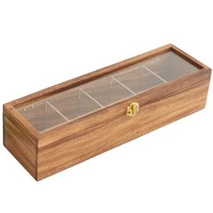 Les Acacia Wood Compartment Tea Box With Window Storage And Organizer 5 Compart - Picture 1 of 4