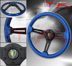 350mm Deep Dish Blue Wood Black Steering Wheel Carbon Fiber Green Yellow Button - Picture 1 of 1