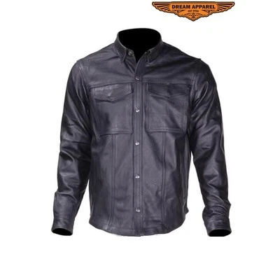 Men's Motorcycle Biker Leather Shirt With Snap On Cuffs Great Deal SizeS-6XL - Image 1 of 4