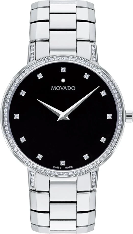 Movado Faceto Black Dial 39mm Stainless Steel Diamond Quartz Men's Watch 0607482