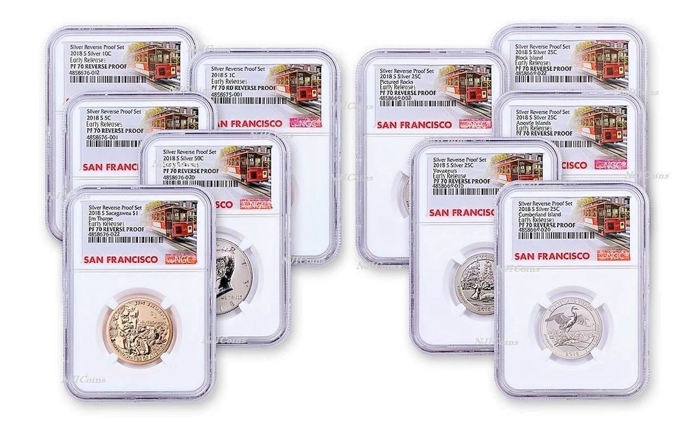 2018-S U.S. Silver Reverse Proof Set 10pc. NGC PF70 EARLY Releases Trolley Label - Image 1 of 1
