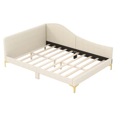 Full Size Upholstered Daybed Rivet-Tufted Platform Bed w/ Metal Legs Wood Slats - Image 1 of 4