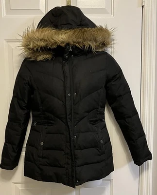 Abrigo Larry Levine Talla Mediana Plumón Relleno Negro Puffer Capucha Piel Sintética Para Mujer’s Foto 1 de 4