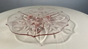 11” Lancaster Pink Etched Depression Glass Plate 3 Legs Beautiful Piece. - Picture 1 of 6