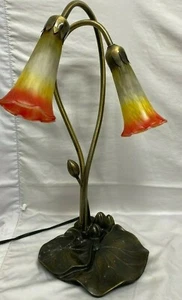 2 Light Tulip Lily Pond Trumpet Ruffle Table Lamp Red Yellow Shades Metal Base - Picture 1 of 7