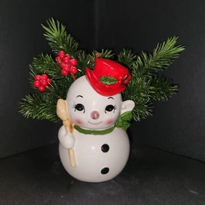 Vintage links anthropomorpher Schneemann Keramik Weihnachten Winter Pflanzgefäß Kitsch - Bild 1 von 7