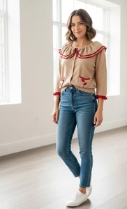 Maglia Colomba XL Cardigan Maglione Collo Increspato Manica 3/4 Beige Rosso Ciliegia - Foto 1 di 9