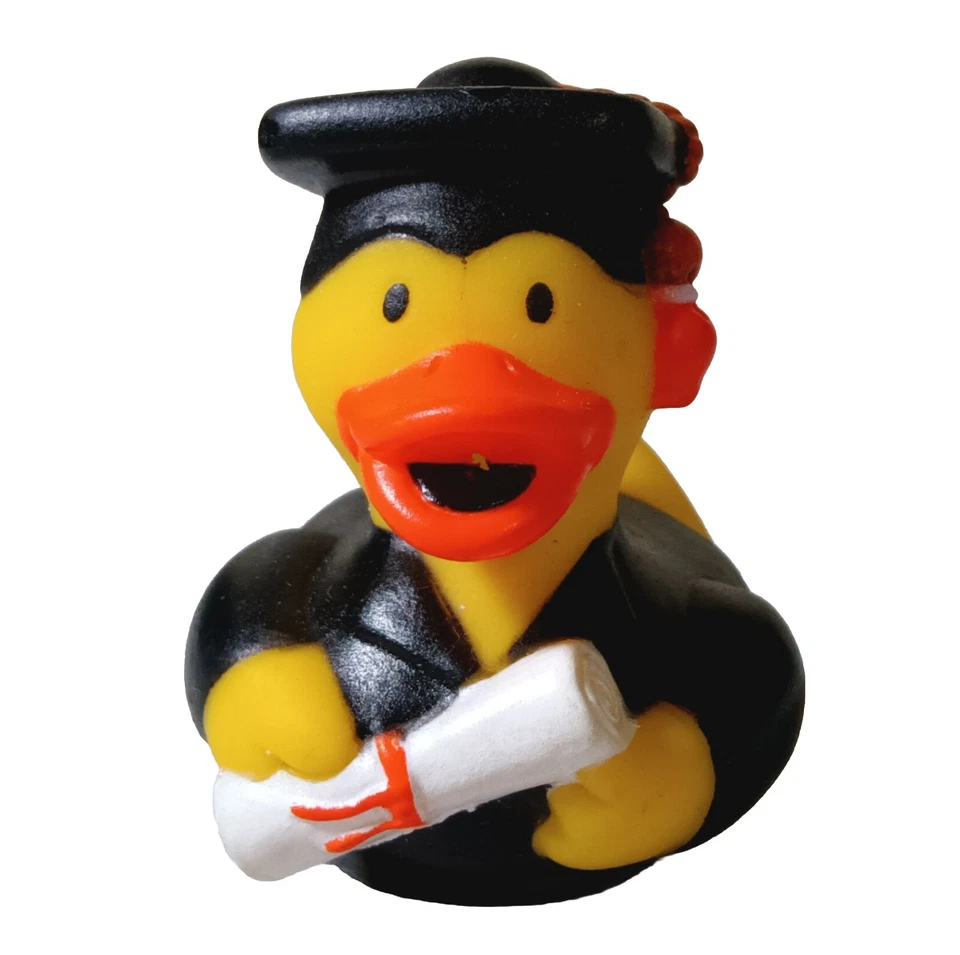 Juguete de pato de goma graduación amarillo negro felicitaciones diploma pato Foto 1 de 4