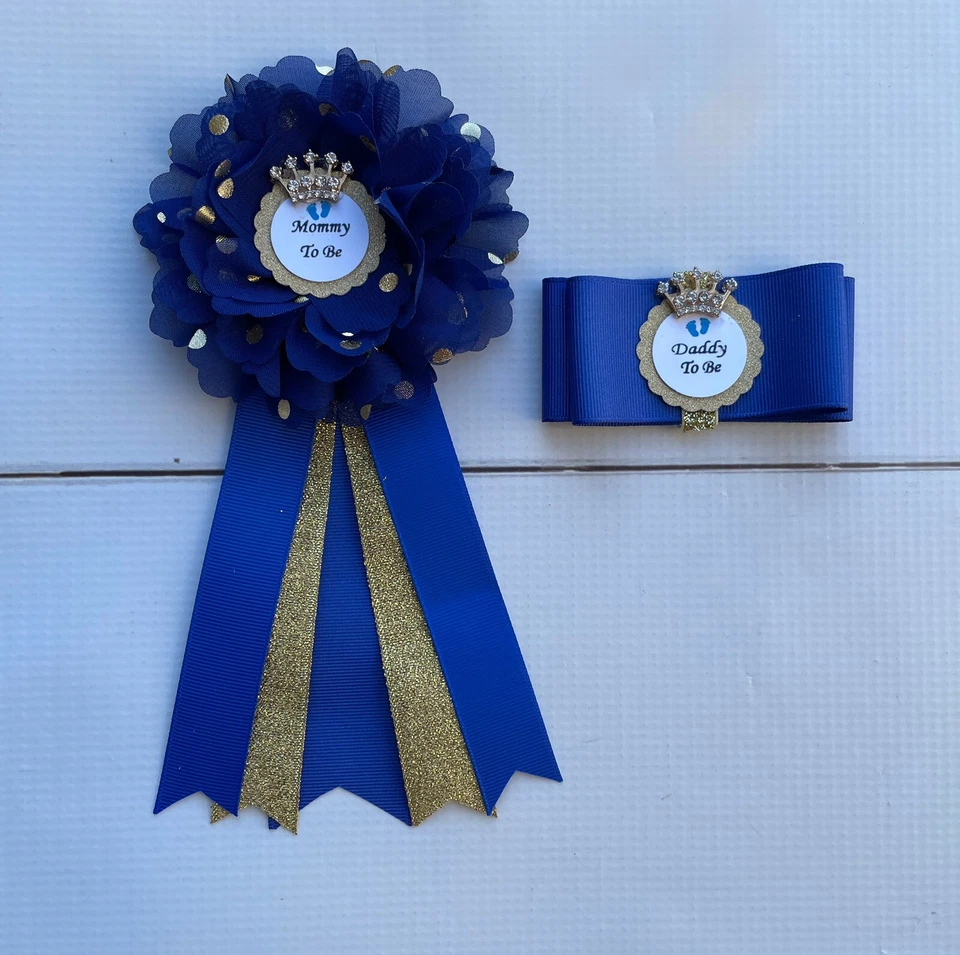 Juego de ramilletes de baby shower Prince azul real y dorado, mamá y papá Foto 1 de 1