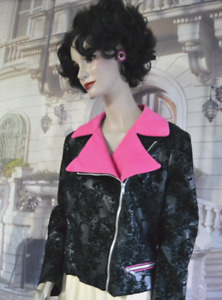 C&C Colorful Fun Jacket Blazer Women's Sz 12 Black with Pink Collar Fully Lined