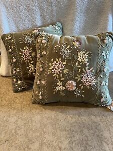 2 Victoria's Garden Decorative Pillows Floral Ribbon Embroidered Sage Green 14”