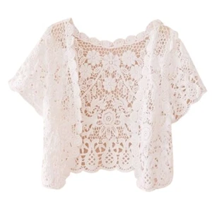Womens Short Sleeve Open Front Lace Cardigan Floral Crochet Sheer Shrugs Jackets - Picture 1 of 12