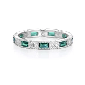 Ladies Art Deco Halo Style 925 Sterling Silver Sapphire & Emerald Eternity Ring - Picture 1 of 10