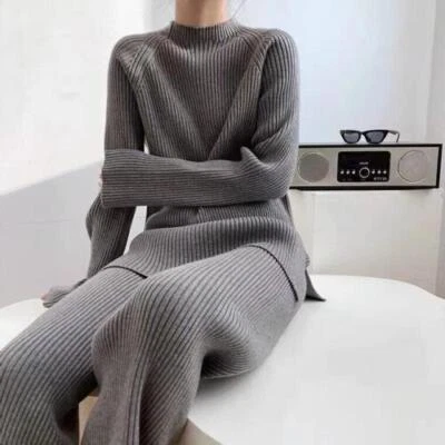 Womens Cashmere Knitted Sweater Wide-Legs Pants 2Pcs Knitwear Warm Tops Suit - Image 1 of 4