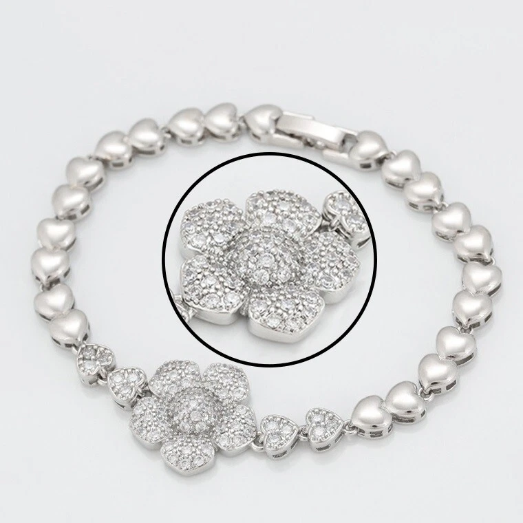 Pulsera de plata de ley 925 para mujer con circonitas y piedras preciosas con corazón y eslabones flor 6,5" D65 Foto 1 de 4