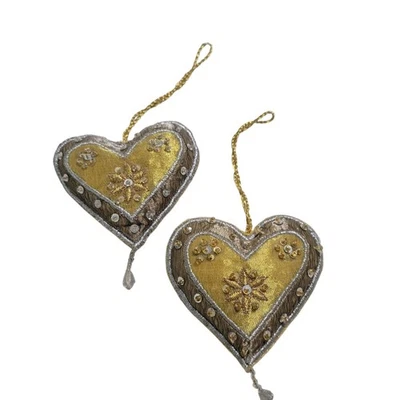 (2) Embroidered & Beaded Fabric Heart Christmas Ornaments Gold Silver Brown  - Image 1 of 3