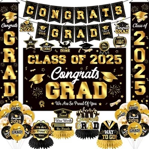 Graduation Decorations Class of 2025 Black and Gold Graduation Party Decor Se... - Picture 1 of 7
