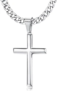 925 Sterling Silver Cross Necklace for Men and Women - Stainless Steel Silver Cu - Picture 1 of 12