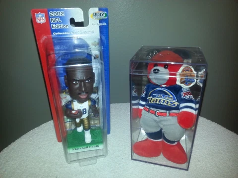 New 2002 Rams Marshall Faulk White Jersey Bobblehead & Superbowl Champion Bear Cover